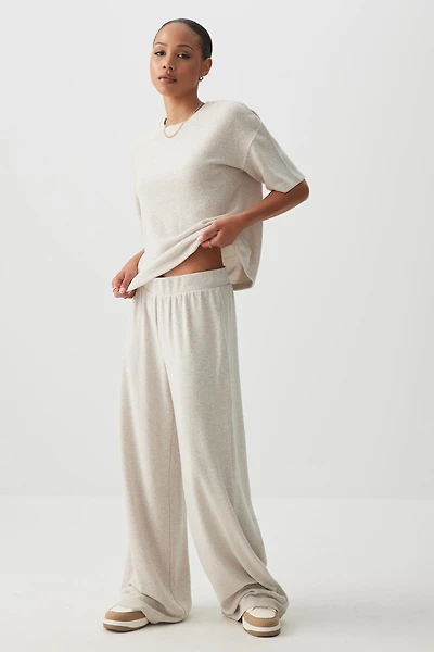 Ardene Brushed Knit Wide Leg Pants in Beige | Size Large | Polyester/Rayon/Elastane