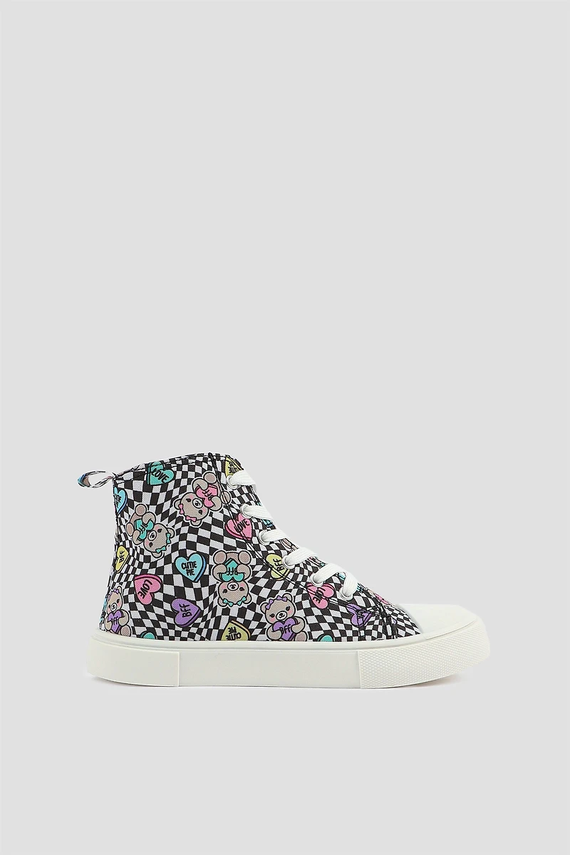 Ardene Kids Printed High Top Sneakers in Black | Size 2 | Eco-Conscious