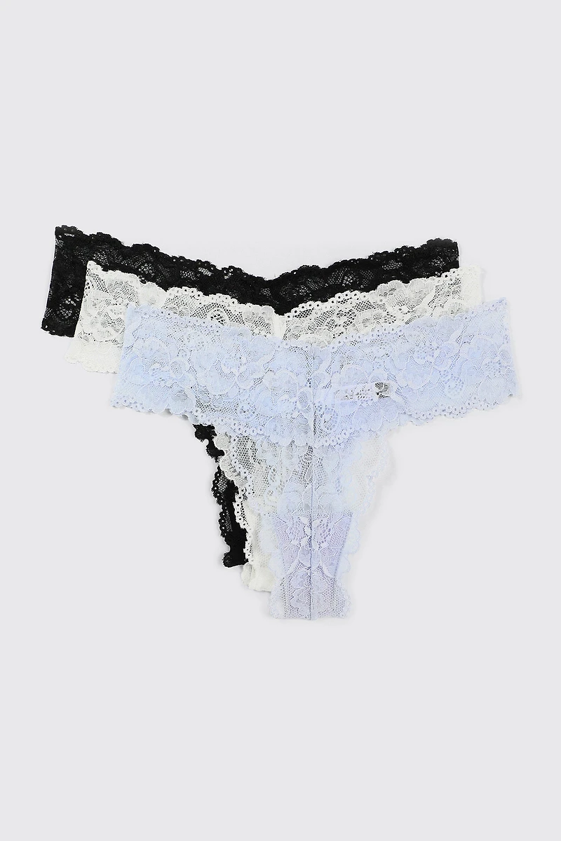 Ardene 3-Pack Lace Thong Panties in Light | Size | Nylon/Elastane