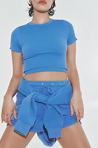 Ardene Crop Seamless Crew Neck T-Shirt in Medium Blue | Size Medium | Polyester/Nylon/Elastane | Eco-Conscious