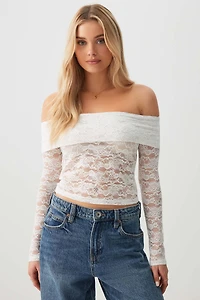 Ardene Lace Off Shoulder Top in White | Size | Polyester/Elastane