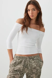 Ardene 3/4 Sleeve Boat Neck Top in White | Size | Cotton/Elastane