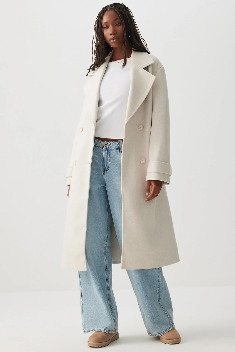 Ardene Double Breasted Belted Coat in Off-White | Size | Polyester