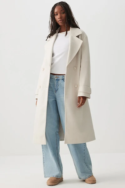 Ardene Double Breasted Belted Coat in Off-White | Size | Polyester