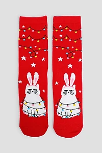 Ardene Grumpy Cat with Bunny Ears Crew Socks in Red | Polyester/Spandex