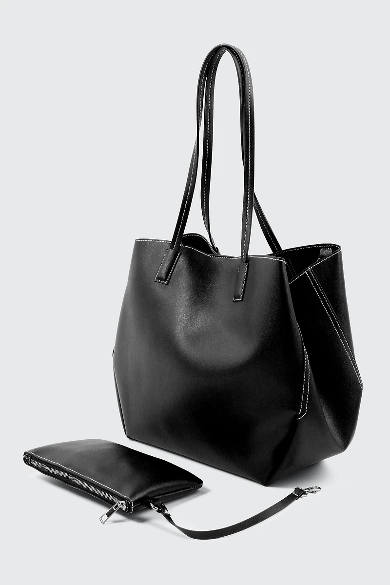 Grand sac fourre-tout en faux cuir avec pochette