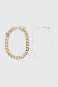 Duo de colliers à chaîne gourmette et perles