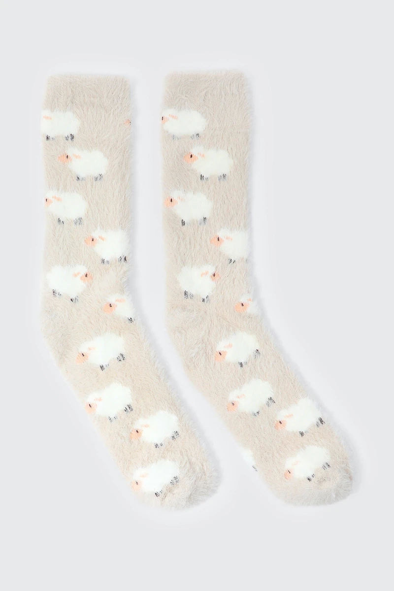 Ardene Sheep Print Cozy Socks in Beige | Polyester/Spandex