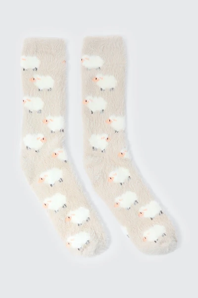 Ardene Sheep Print Cozy Socks in Beige | Polyester/Spandex