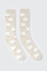 Ardene Sheep Print Cozy Socks in Beige | Polyester/Spandex