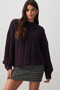 Ardene Oversized Cable Knit Crew Neck Sweater in Dark Purple | Size | Polyester | Eco-Conscious