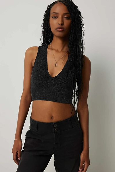 Ardene Plunge Shiny Tank Top in Black | Size Small | Nylon/Spandex