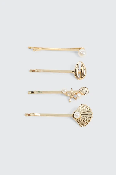 Ardene 4-Pack Pearl & Seashell Hair Pins in Gold