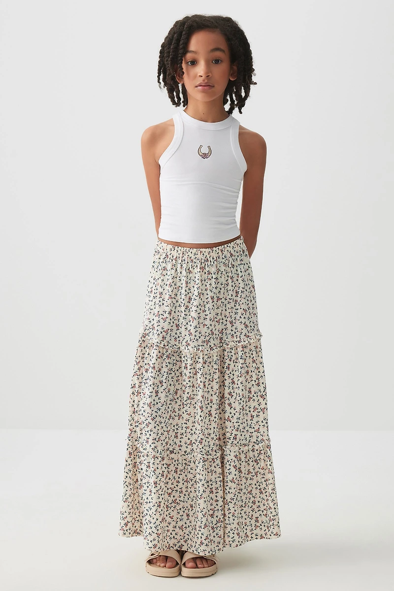 Ardene Kids Printed Tiered Maxi Skirt in Beige | Size Large | Polyester/Elastane