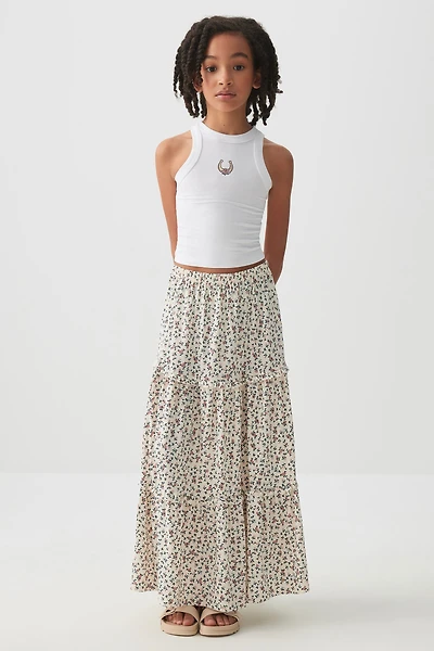 Ardene Kids Printed Tiered Maxi Skirt in Beige | Size Large | Polyester/Elastane