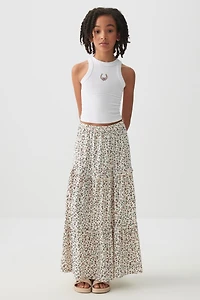 Ardene Kids Printed Tiered Maxi Skirt in Beige | Size Large | Polyester/Elastane