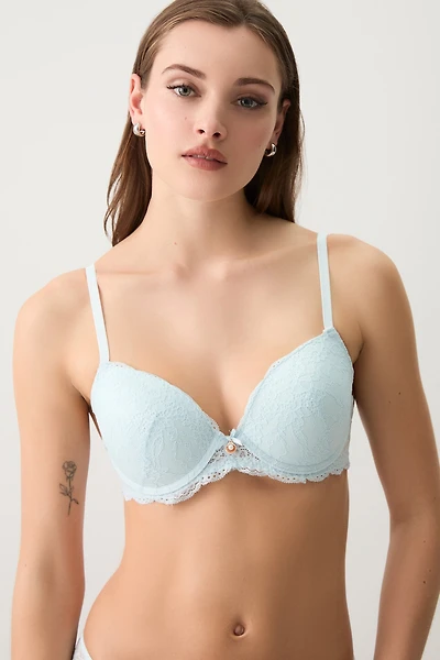Ardene Luxe Lace Push Up Bra in Light Blue | Size 36D | Nylon/Elastane