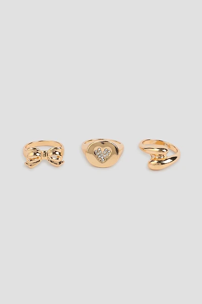 Ardene 3-Pack Bow & Heart Rings in Gold | Size