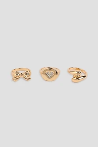 Ardene 3-Pack Bow & Heart Rings in Gold | Size Small