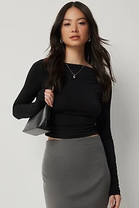 Ardene Boat Neck Long Sleeve Top in Black | Size Large | Polyester/Spandex