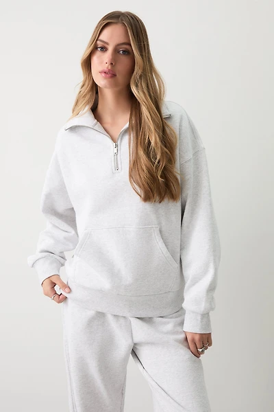 Ardene Washed Half Zip Sweatshirt in Light | Size Large | Polyester/Cotton | Fleece-Lined
