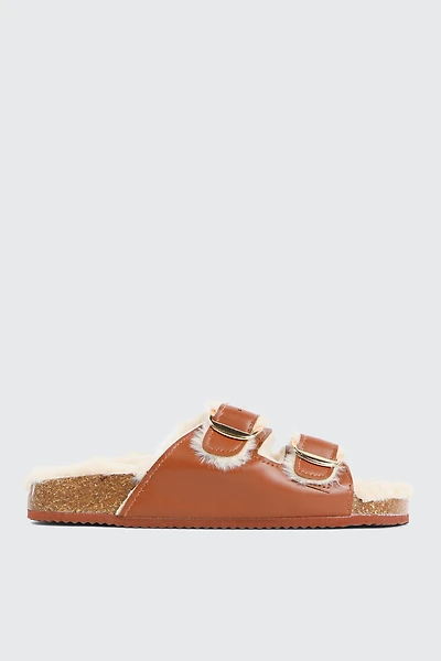 Ardene Faux Fur Lined Buckled Sandals in Cognac | Size | Faux Leather