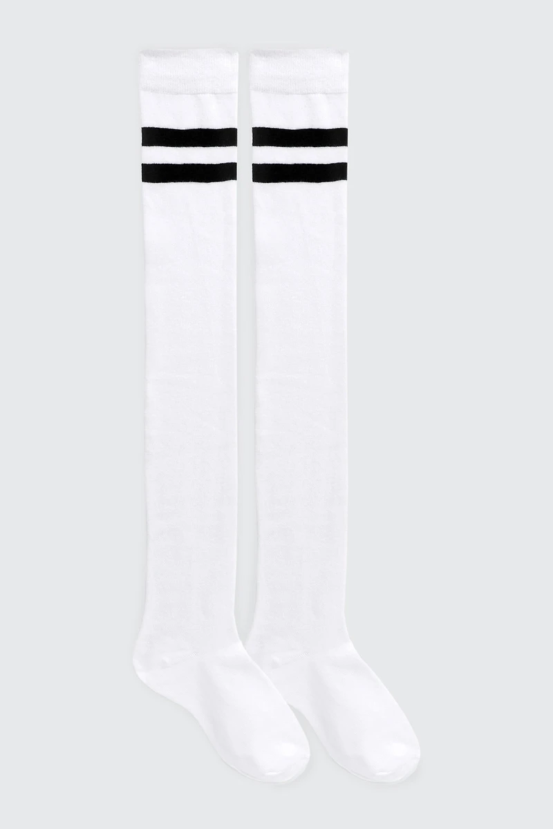 Ardene Striped Over-the-Knee Socks in White | Polyester/Spandex