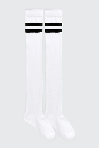 Ardene Striped Over-the-Knee Socks in White | Polyester/Spandex