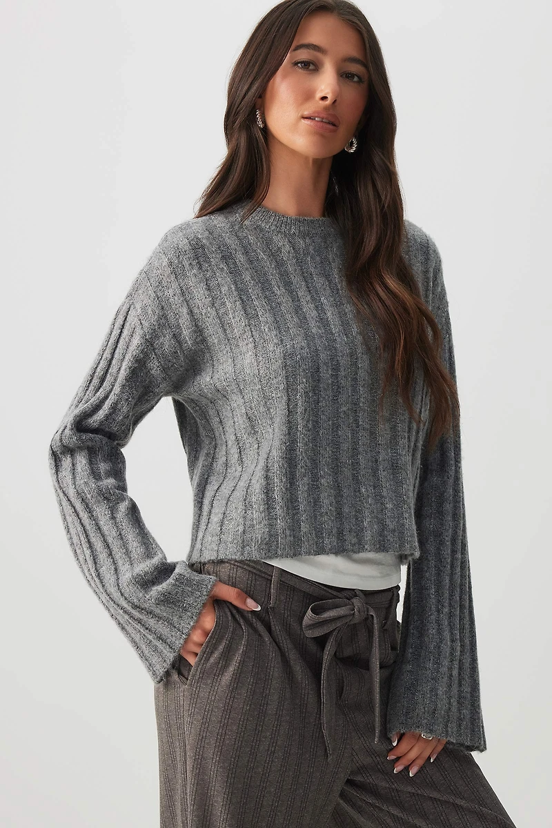 Ardene Crop Fuzzy Rib Crew Neck Sweater in Dark Grey | Size | Polyester