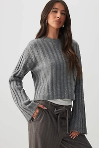 Ardene Crop Fuzzy Rib Crew Neck Sweater in Dark Grey | Size | Polyester