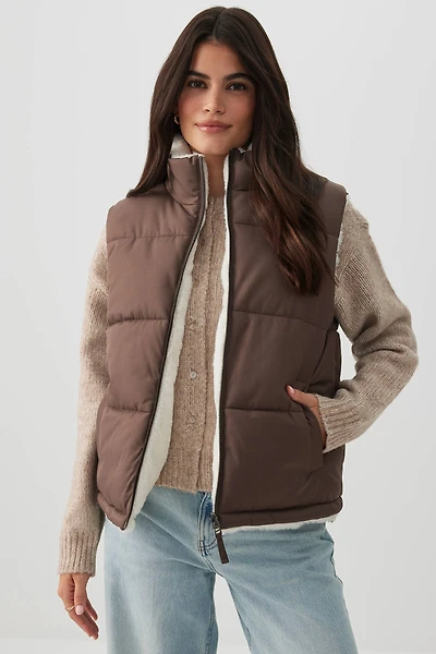 Ardene Reversible Faux Fur Puffer Vest in Brown | Size | Polyester