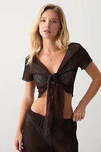Ardene Tie Front Crochet Crop Top in Brown | Size Medium | Polyester