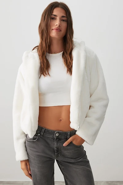 Ardene Short Hooded Faux Fur Jacket in White | Size Small | Polyester