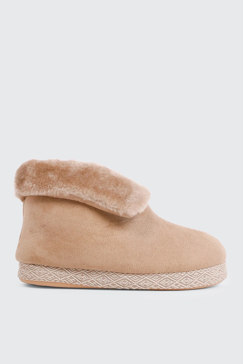 Ardene Flip Collar Bootie Slippers in Beige | Size | 100% Recycled Polyester/Faux Suede | Eco-Conscious