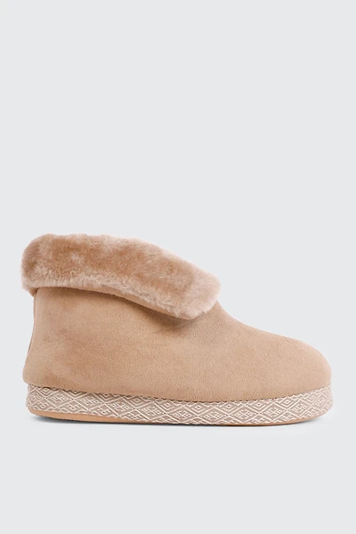 Ardene Flip Collar Bootie Slippers in Beige | Size | 100% Recycled Polyester/Faux Suede | Eco-Conscious