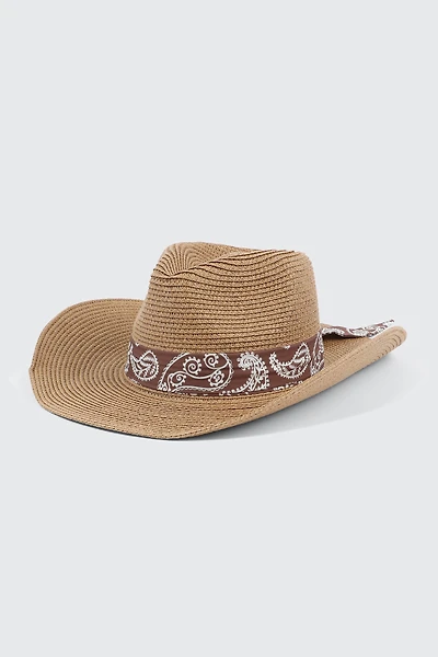 Ardene Straw Cowboy Hat with Bandana Detail in Beige