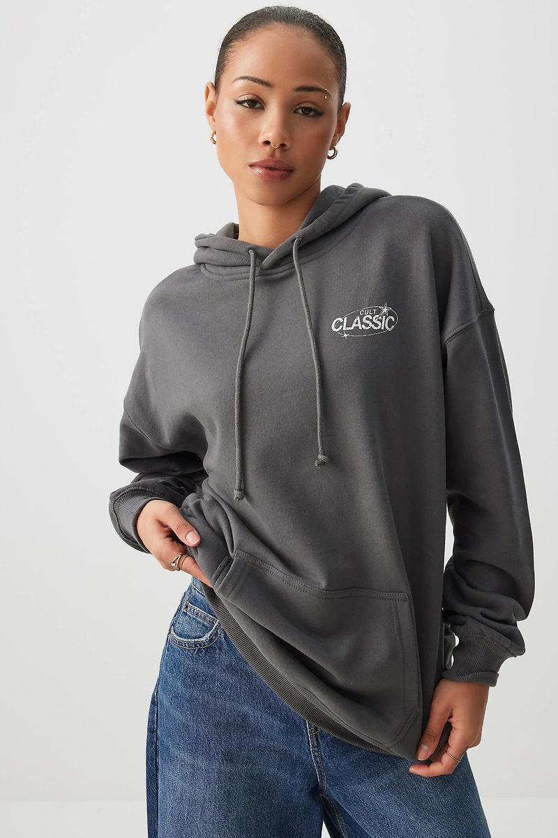 Ardene Printed Oversized Hoodie in Dark Grey | Size | Polyester/Cotton | Fleece-Lined | Eco-Conscious