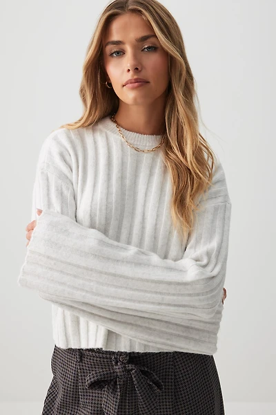 Ardene Crop Fuzzy Rib Crew Neck Sweater in Light Grey | Size Small | Polyester