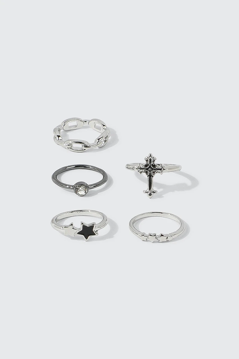 Ardene 5-Pack Star & Cross Rings in Silver | Size Small