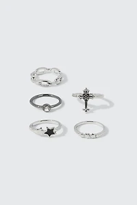 Ardene 5-Pack Star & Cross Rings in Silver | Size Small