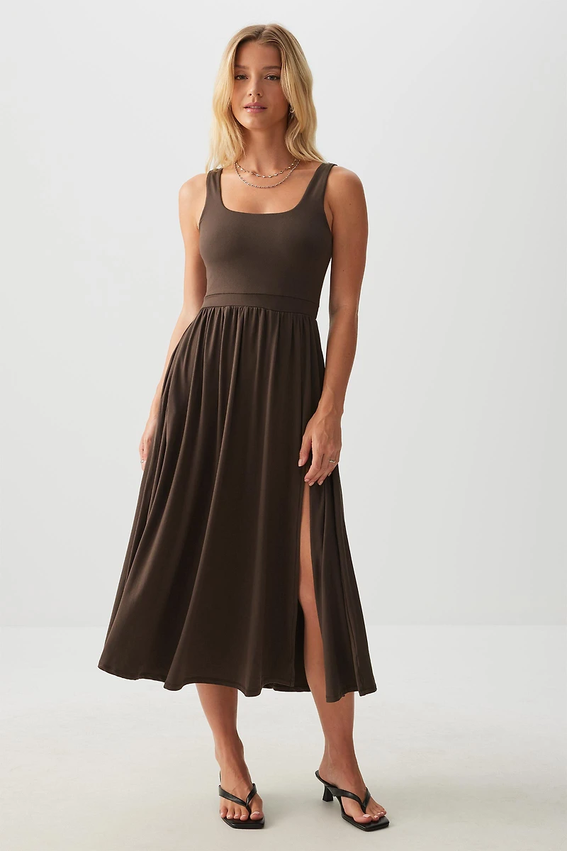 Ardene Super Soft Midi Dress with Slit in Brown | Size XS | Polyester/Elastane | Eco-Conscious