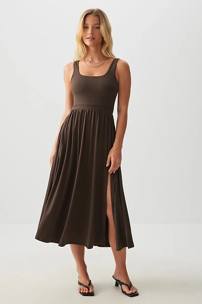 Ardene Super Soft Midi Dress with Slit in Brown | Size XS | Polyester/Elastane | Eco-Conscious