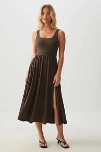 Ardene Super Soft Midi Dress with Slit in Brown | Size XS | Polyester/Elastane | Eco-Conscious