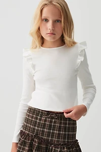 Ardene Kids Long Sleeve Ruffle Shoulder Top in Off-White | Size | Polyester/Cotton/Elastane