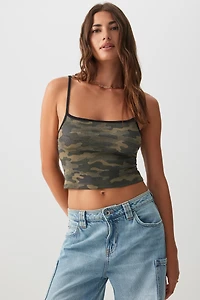 Ardene Contrast Trim Graphic Tank Top in Khaki | Size | Spandex/Cotton