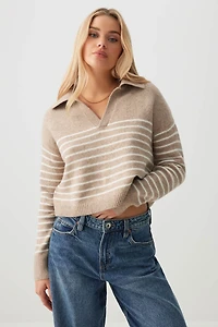 Ardene Moss Stitch Johnny Collar Sweater in Beige | Size | Polyester/Elastane | Eco-Conscious