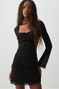 Ardene Flocked Floral Mesh Mini Dress in | Size | Polyester/Nylon/Elastane