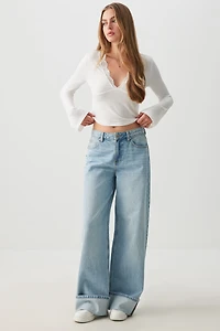 Ardene Mid Rise Wide Leg Slouchy Jean in Light Blue | Size | 100% Cotton