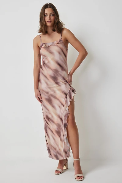 Ardene Ruffle Maxi Dress with High Slit in Beige | Size | Polyester/Spandex