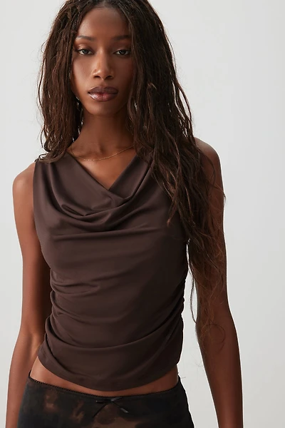 Ardene Draped Neck Crop Tank Top in Brown | Size | Polyester/Elastane